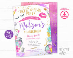 Glitz Glam Spa Birthday Invitation, Makeup Party Invite (Digital Download)