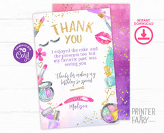 Spa Party Thank You Card, Glam Makeup Birthday Note (Digital Download)
