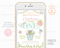 Kitty Cat First Birthday Invitation, Kitten Garden Party (Editable Template)