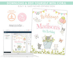 Kitten Garden Birthday Welcome Sign, Editable Cat Party Decor (Printable)