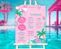 Pool Party Birthday Board, Pink Stats Sign (Editable Digital Item)
