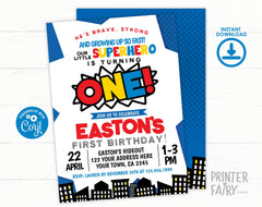 Superhero First Birthday Invitation Editable Template, INSTANT DOWNLOAD