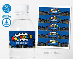 Superhero Water Bottle Label Editable Template INSTANT DOWNLOAD