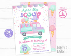 Ice Cream Truck Birthday Invitation, Editable Template (Digital Download)