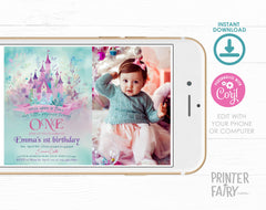 Princess Castle First Birthday Invitation with Photo (Download)