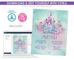 Princess Castle Birthday Party Menu, Editable Printable (Digital Download)