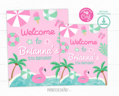 Pink Pool Party Welcome Sign, Girl Birthday (Editable Digital Download)