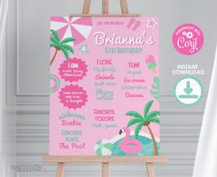 Pool Party Birthday Board, Pink Stats Sign (Editable Digital Item)