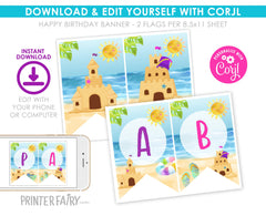 Summer Birthday Banner Editable Template, Beach Party, Instant Download