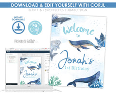 Whale Birthday Welcome Sign, Under the Sea Party (Editable Printable)