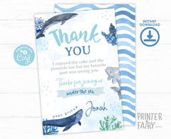 Whales Birthday Thank You Card, Under the Sea Party (Download Printable)