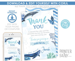 Whales Birthday Thank You Card, Under the Sea Party (Download Printable)