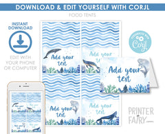 Whales Birthday Party Food Tents, Under The Sea Favors (Editable Printable)