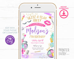 Glitz Glam Spa Birthday Invitation, Makeup Party Invite (Digital Download)
