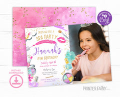 Spa Birthday Party Invitation, Photo, Glam Makeup (Editable Digital Item)