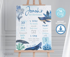 Whale First Birthday Stats Board, Ocean Animals, Editable Printable