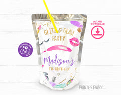 Spa Party Drink Pouch Labels, Glitz Glam Birthday Favors (Digital Download)