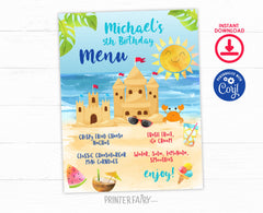 Beach Sand Castle Birthday Party Editable Menu Template, INSTANT DOWNLOAD