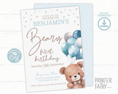 Teddy Bear First Birthday Invitation, EDITABLE (Digital)