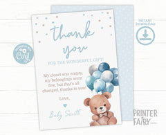 Bear Baby Shower Thank You Card, Editable Printable (4x6)