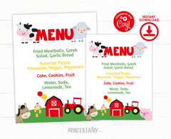 Farm Birthday Menu, Editable Barnyard Food Sign (Digital Download)
