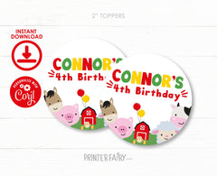 Farm Animals Birthday Party Toppers, Editable Template (Digital Download)