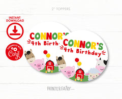Farm Animals Birthday Party Toppers, Editable Template (Digital Download)