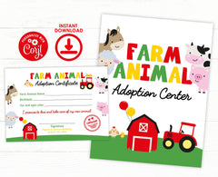 Farm Animal Adoption Party Set, Sign & Certificate (Digital Download)