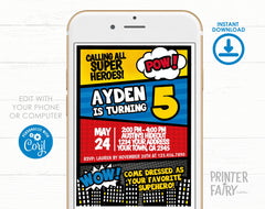 Superhero Birthday Invitation EDITABLE Template, INSTANT DOWNLOAD