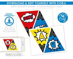 Superhero Birthday Banner, Comic Style Party Decoration (Digital Download)