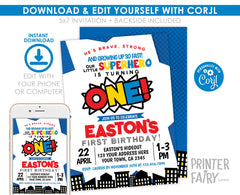 Superhero First Birthday Invitation Editable Template, INSTANT DOWNLOAD