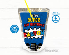 Superhero Birthday Drink Pouch Label Editable Template INSTANT DOWNLOAD
