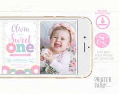 Donut First Birthday Invitation with Photo, Editable Template