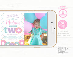 Donut 2nd Birthday Invitation with Photo, Sprinkles Party (EDITABLE)