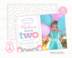 Donut 2nd Birthday Invitation with Photo, Sprinkles Party (EDITABLE)