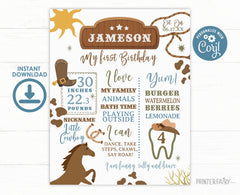 Editable Rodeo First Birthday Stats Board, Cowboy Theme (Printable)