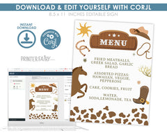 Rodeo Birthday Dinner Menu, Wild West Party Sign (Editable)