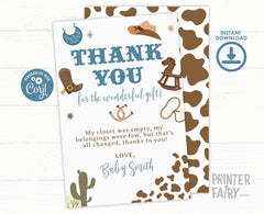 Cowboy Baby Shower Thank You Card, Editable (Digital Download)