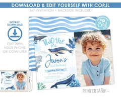 Whales Second Birthday Invitation with Photo (Editable Printable)