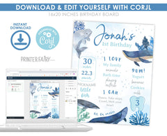Whale First Birthday Stats Board, Ocean Animals, Editable Printable