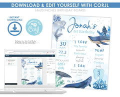 Whale First Birthday Stats Board, Ocean Animals, Editable Printable