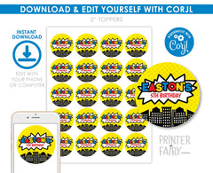 Superhero Birthday Party Toppers Editable Templates, Instant Download