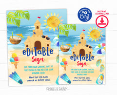 Beach Sand Castle Birthday Party Editable Sign Template, INSTANT DOWNLOAD