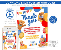 Bear Birthday Thank You Card, EDITABLE (Digital Download)