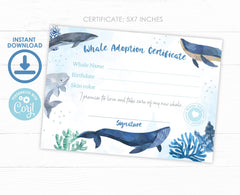 Whale Adoption Sign and Certificate, Under the Sea Party (Printable Download)