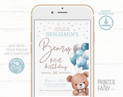 Teddy Bear First Birthday Invitation, EDITABLE (Digital)