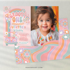 Groovy One 1st Birthday Invitation, 70s Hippie Daisy Photo (Digital Template)