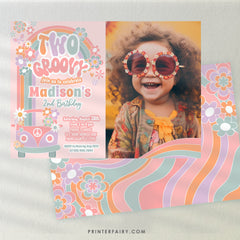 Two Groovy 2nd Birthday Invitation, Floral Daisy Rainbow (Digital Download)