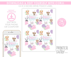 Bear Birthday Drink Pouch Label, Printable Party Favors, INSTANT DOWNLOAD