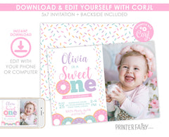 Donut First Birthday Invitation with Photo, Editable Template